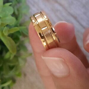 Gold-Plated, Stainless Steel Wide Band Wedding Ring - Double Grooved, Size 7